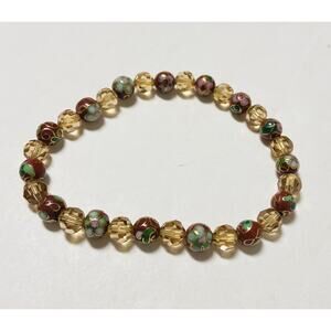 Bracelet Flowers Glass Beads Elastic Stretch Brown Purple Pink Champagne